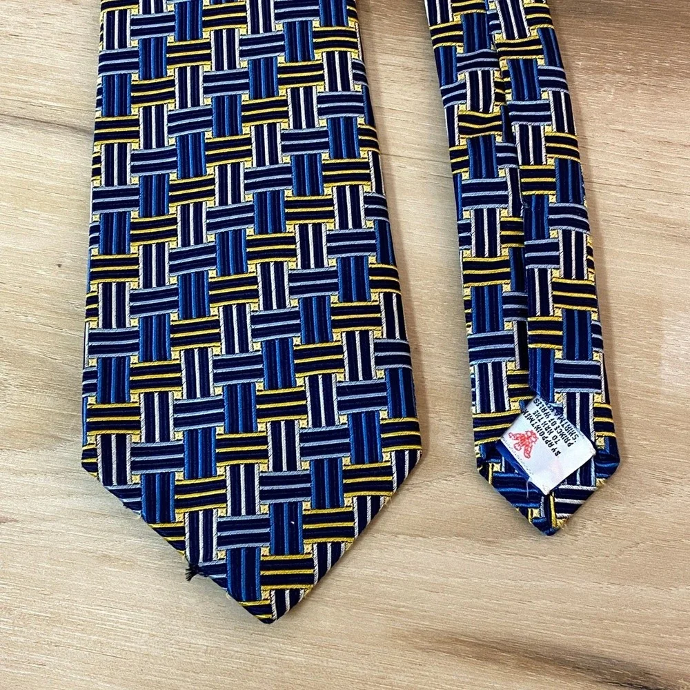 Turnbull & Asser‎ Mens Silk Tie Hand Made London Blue Yellow Geometric Pattern